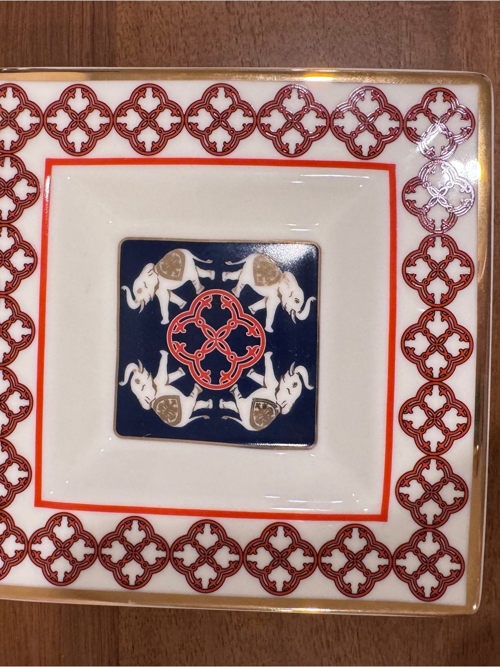 Decorative Elephant Motif Trinket Tray - Navy, White & Red